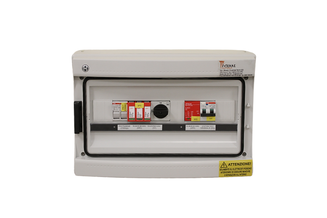 Icierre - Quadri Elettrici - ICR-TBMF 2/2 600V-32A
LATO DC
Portafusibili 1000V 32 A+Fusibili 12/16A
Sezionatore 600V
Scaricatore (SPD) 600V
LATO AC
IMTD monofase 32A -300mA tipo A
Scaricatore (SPD) 230V